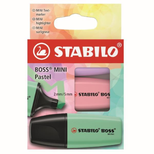 STABILO BOSS MINI PASTEL EVIDENZIATORE PUNTA A SCALPELLO 2/5 mm COLORI ASSORTITI CONF 3 Pz.
